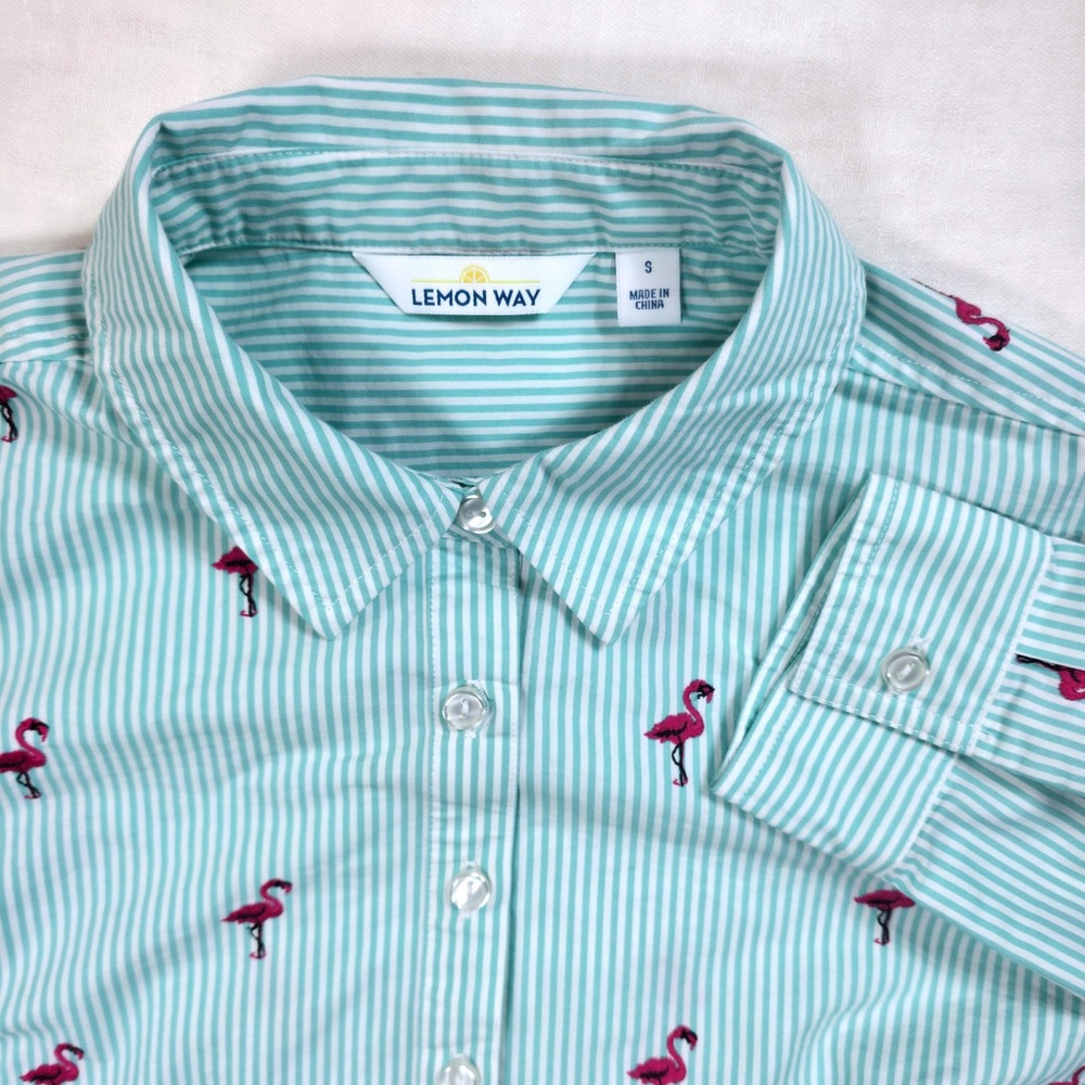 Lemon Way Mint Green Striped Flamingo Embroidered Button Down Shirt Womens Small